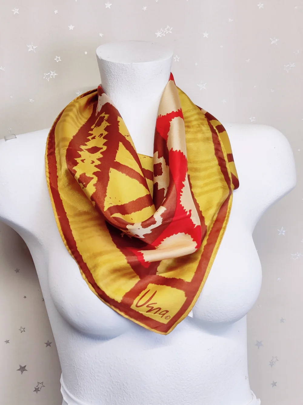 Vintage Vera Square Scarf 100% Acetate Japan Gold Red Brown Abstract 21.5